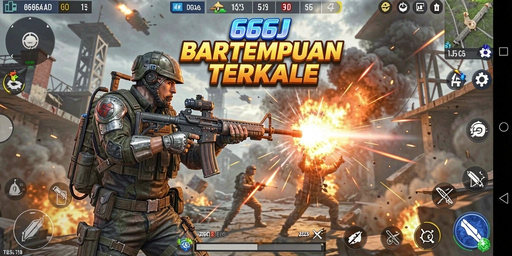 Tangkapan layar utama 666J menampilkan aksi pertempuran Battle Royale yang intens.