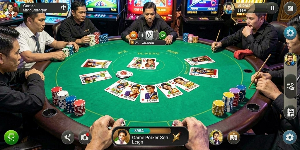 Screenshot utama 898A menunjukkan gameplay poker yang dinamis dan penuh aksi.