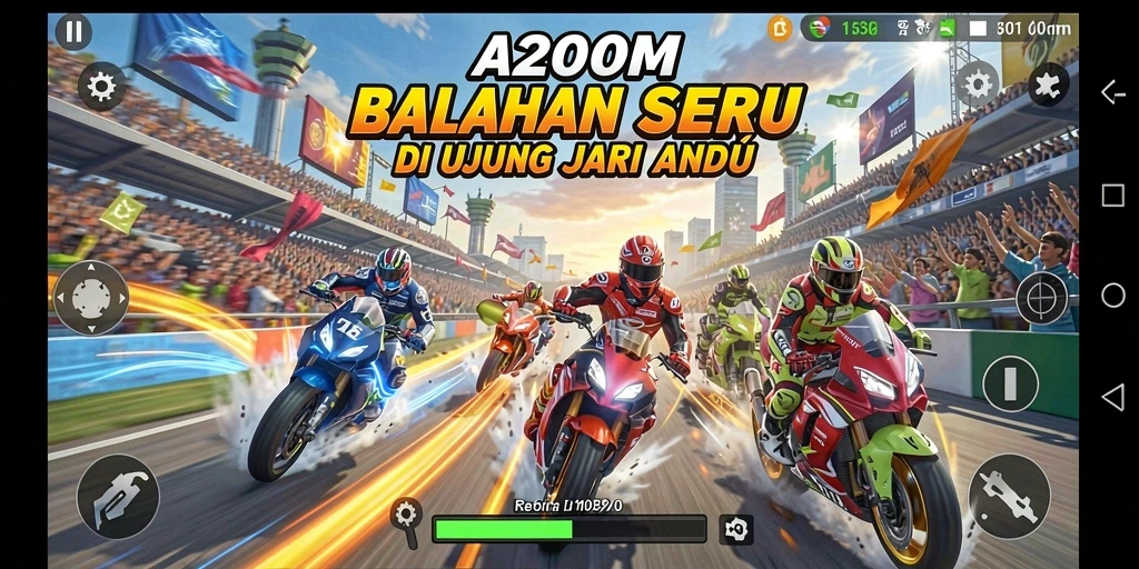Screenshot utama A200M menampilkan aksi balapan mendebarkan dan grafis memukau.