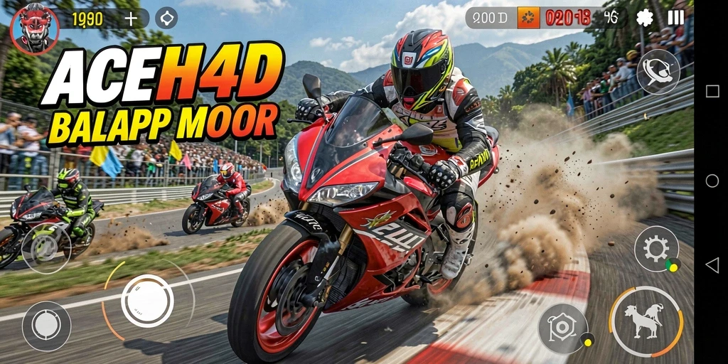 Screenshot gameplay ACEH4D menunjukkan aksi balap motor yang mendebarkan.