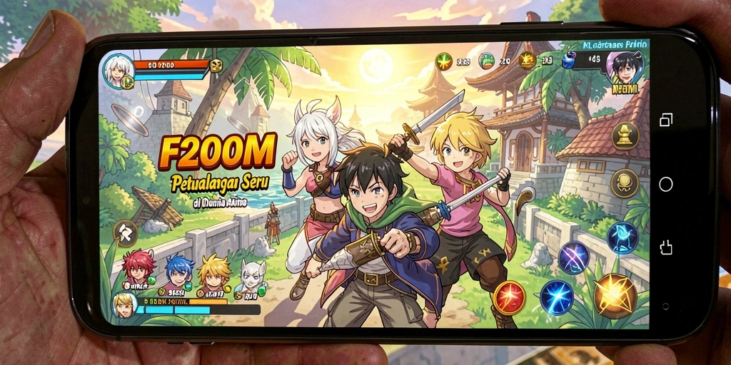 Screenshot F200M menampilkan karakter anime yang beraksi dalam petualangan seru.