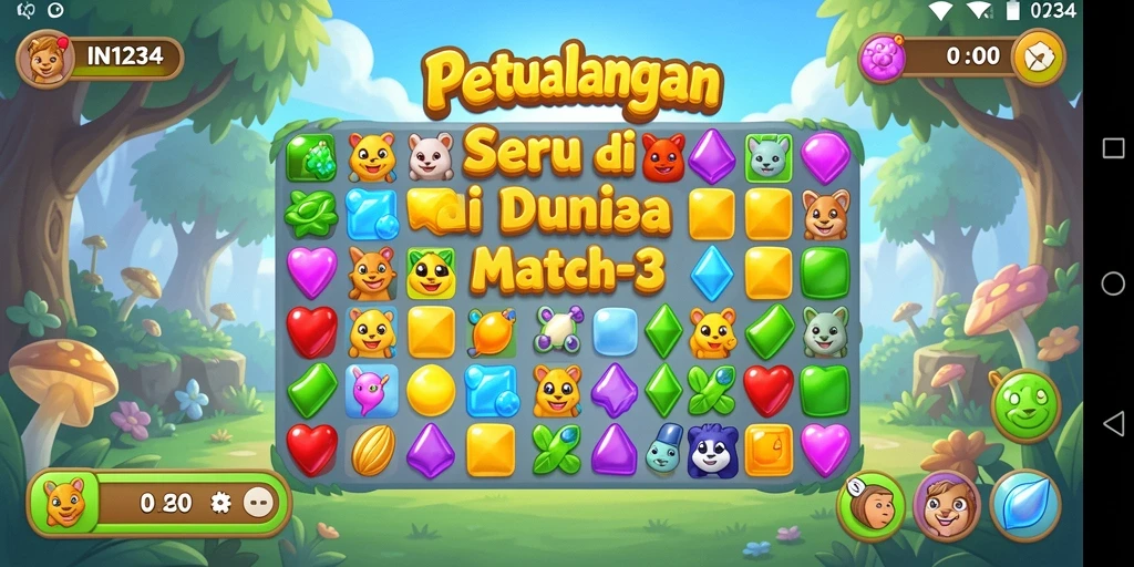 Screenshot IN1234 menampilkan permainan Match-3 yang seru dan penuh warna.