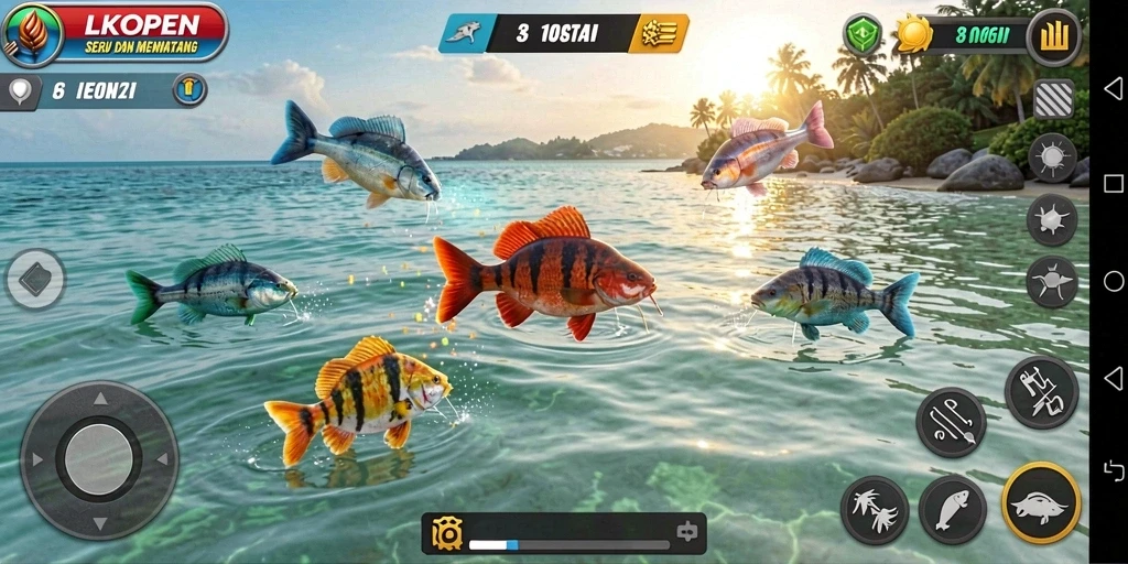 Tampilan gameplay seru LKOPEN dengan berbagai ikan dan senjata.