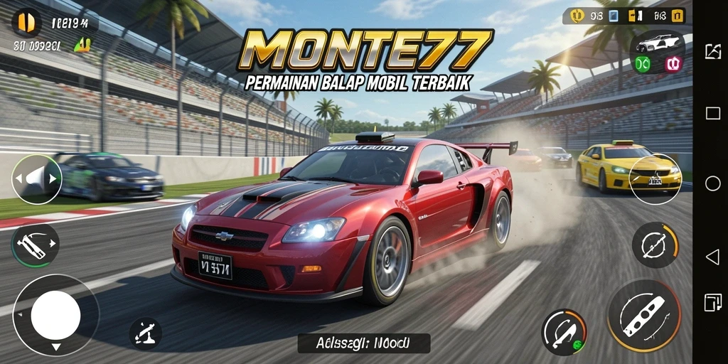 Tampilan utama dari gameplay balap di MONTE77 menunjukkan mobil-mobil beraksi.