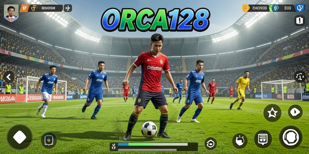 Tampilan gameplay ORCA128 yang seru dan penuh aksi sepak bola.