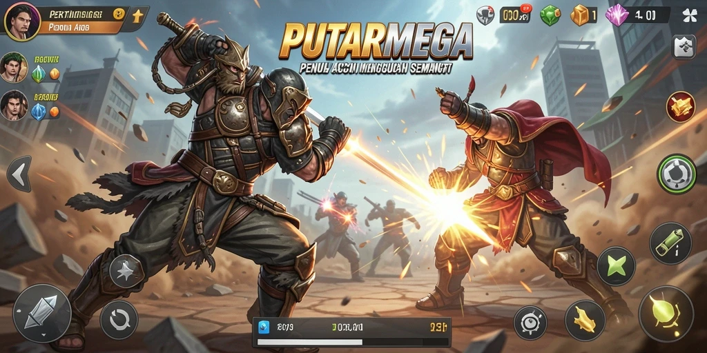 Tangkapan layar PUTARMEGA menampilkan pertarungan epik antara karakter-karakter unik.
