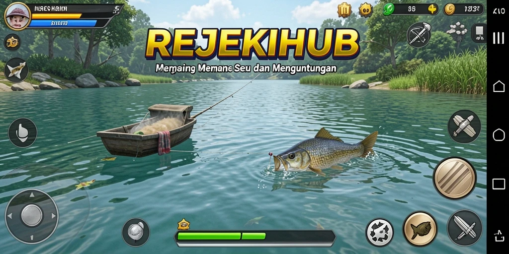 Tampilan screenshot utama REJEKIHUB menampilkan gameplay memancing yang mendebarkan.