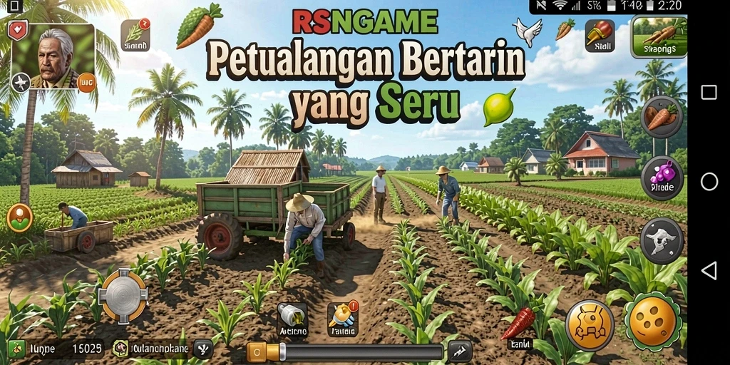 Tangkapan layar utama RSNGAME menampilkan aksi bertani yang menarik.
